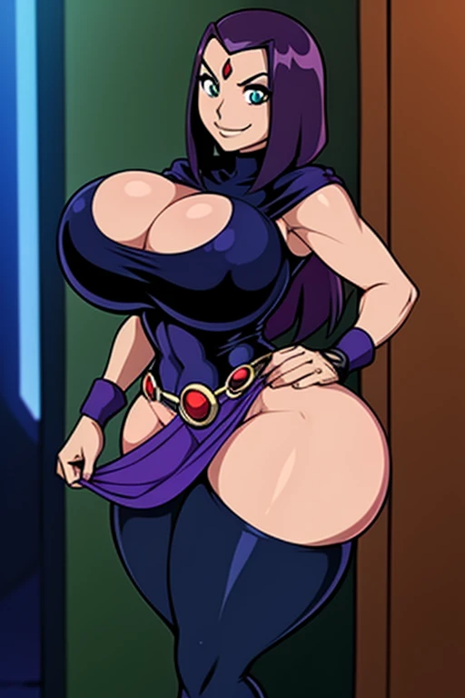 Teen titans, raven, 1girl, ((bimbo))), smile face, green eyes, long red hair, wide hips, thick thigh, big breast, huge ass, shiny skin, oily skin, purple skirt, purple top