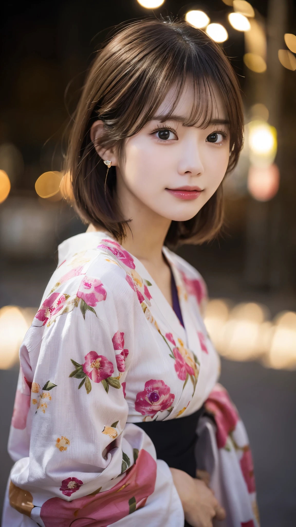 cute 21 year old japanese、super detailed face、Attention to detail、double eyelid、Beautiful thin nose、Sharp focus:1.2、Beauty:1.4、(bright茶髪、short cut hair、white skin、highest quality、bright、masterpiece、ultra high resolution、(realism:1.4)、hostel、cute yukata、meal、