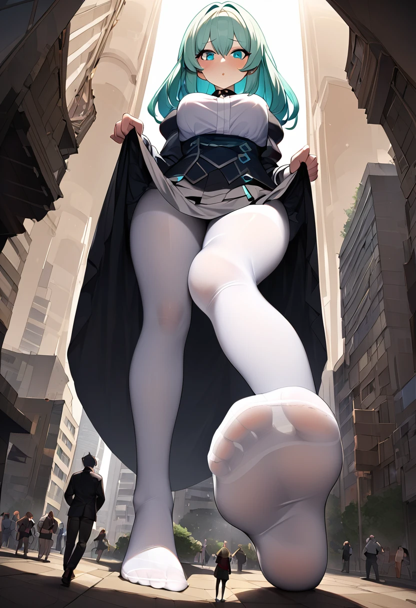 huge,age girl,short skirt,teasing,A giant girl taller than a building,Lifted up the skirt,Wear white pantyhose,Toyed around,shrouded in the villain,Sitting on the ground,Toyed around,low angle of view,arroganthuge,Light cyan hair,Teengirl,short skirt,Teasing the villain,A giant girl taller than a building,arrogant,Those who don't wear shoes,There are several villains under their feet