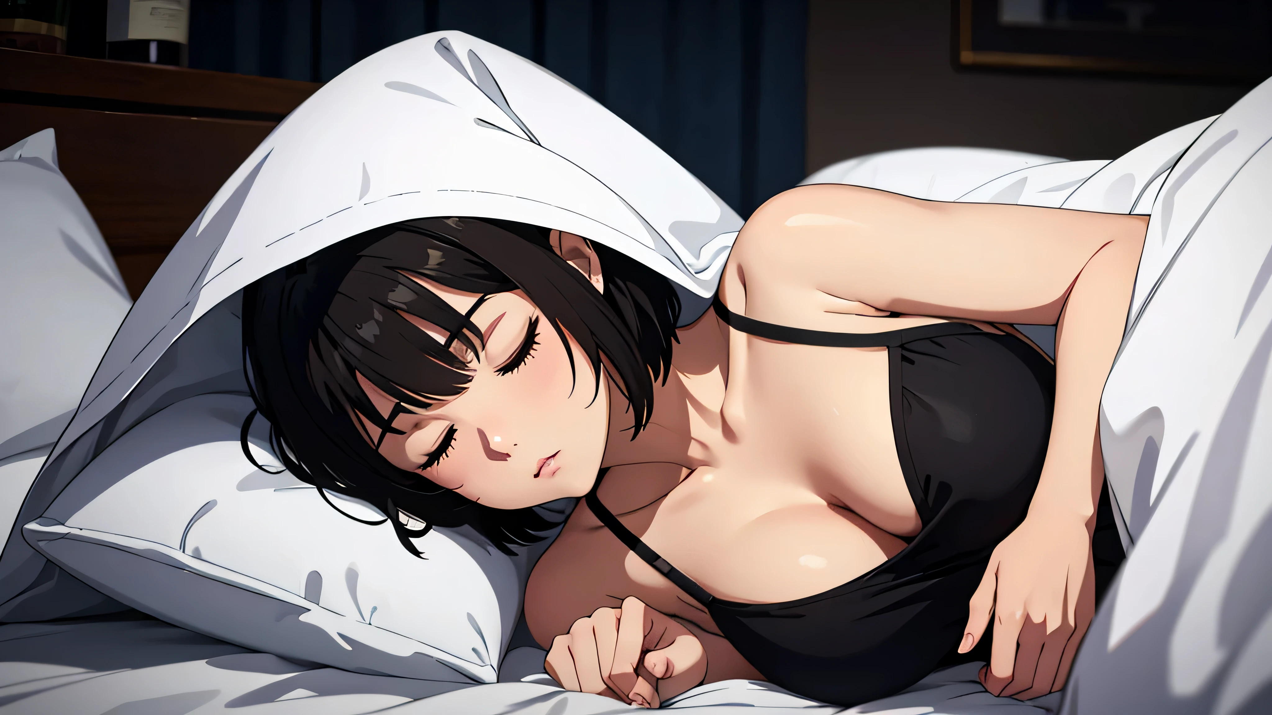 Generate an image of a woman with blackish-brown short bob hair, peacefully asleep on a bed in a completely dark room. No light is shining directly on the woman, emphasizing the nighttime atmosphere. She has a contented sleeping expression with a blanket covering her up to her shoulders. In front of her lies a transparent empty bottle. Capture a bust-up shot, focusing on her from the chest up.