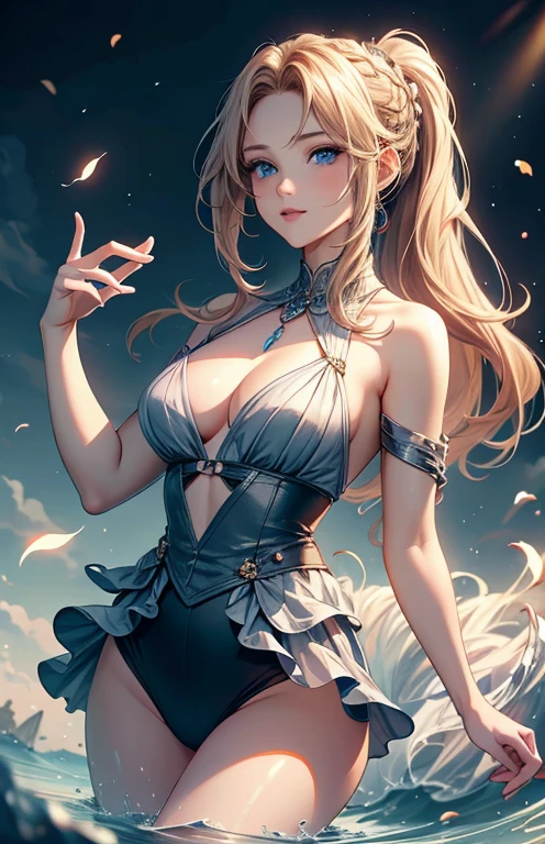 masterpiece、highest quality、High resolution、high quality images、8K, 1 female、skin er、Texture of skin and clothing、Expression of fine eyes、Shiny bright golden hair,Girl with long braided hair, Manga inspired by Lee Jong-suk, trending on deviantart, realism, detailed manga style, manga art style, perfect line drawing, beautiful line drawing, digital manga art girl, K-POPアイドル, beautiful blue eyes, plump lips, Detailed gorgeous face, (cute smile), charm, innocent, Side view, (perfectly detailed face), (fine hands) photorealistic images, Depth of written boundary, ponytail hairstyle, Cat耳 , Cat , Loose, lightweight knitwear、Shoulder knitwear , show your shoulders , I can see the cleautumn leaves , autumn leaves ,美しいautumn leaves,romanticism,