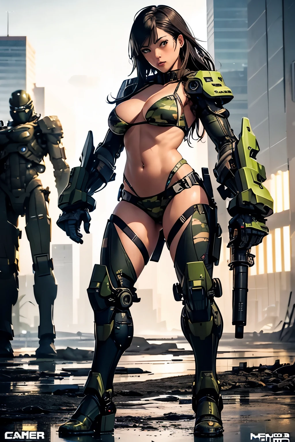 Beautiful woman in a slingshot bikini with camo patterns, mechanical bikini with camo patterns, tattered military gear, mechanized soldier girl, oversized mechanical exoskeleton oversized robotic gauntlet arms and robotic boots legs with camo patterns, inspired by Masamune Shirow, girl in mecha armor with camo patterns, mechanized valkyrie girl, cushart kenz, cool mecha style, bikini-armor with camo patterns, infantry girl, Bare Skin, Athletic Well Toned Body, sweaty skin, Barely Clothed, cammo patterns, Beautiful Face, dieselpunk Theme, Fiverr Dnd Character, Octane Render, Digital Art, Extreme Detail, 4k, Ultra Hd, Polished, Beautiful, Hyperdetailed, Intricate, Elaborate, Meticulous, Photorealistic, Sharp Focus, Wlop, Character Design, Unreal Engine, 3d Rendered, Volumetric Lighting, Reflections, Glossy, Digital Illustration, Pose, Suggestive Pose, Lewd, Full Body Shot, naked, vissible nipples, puffy vagina, anatomically correct 💖❤💕💋