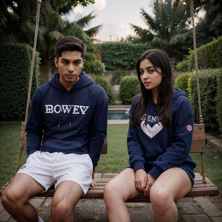 there are a couple both are 21 years old, sitting in front on a swing in the beautiful garden view, they are wearing a navy blue and pink hoodie,boy with name RANA, write on it,girl with name BARNALI, write on it ,lovely couple, sitting on a moon, heart emoji,holding hands in the moonlight hyper realistic art painting detail image
