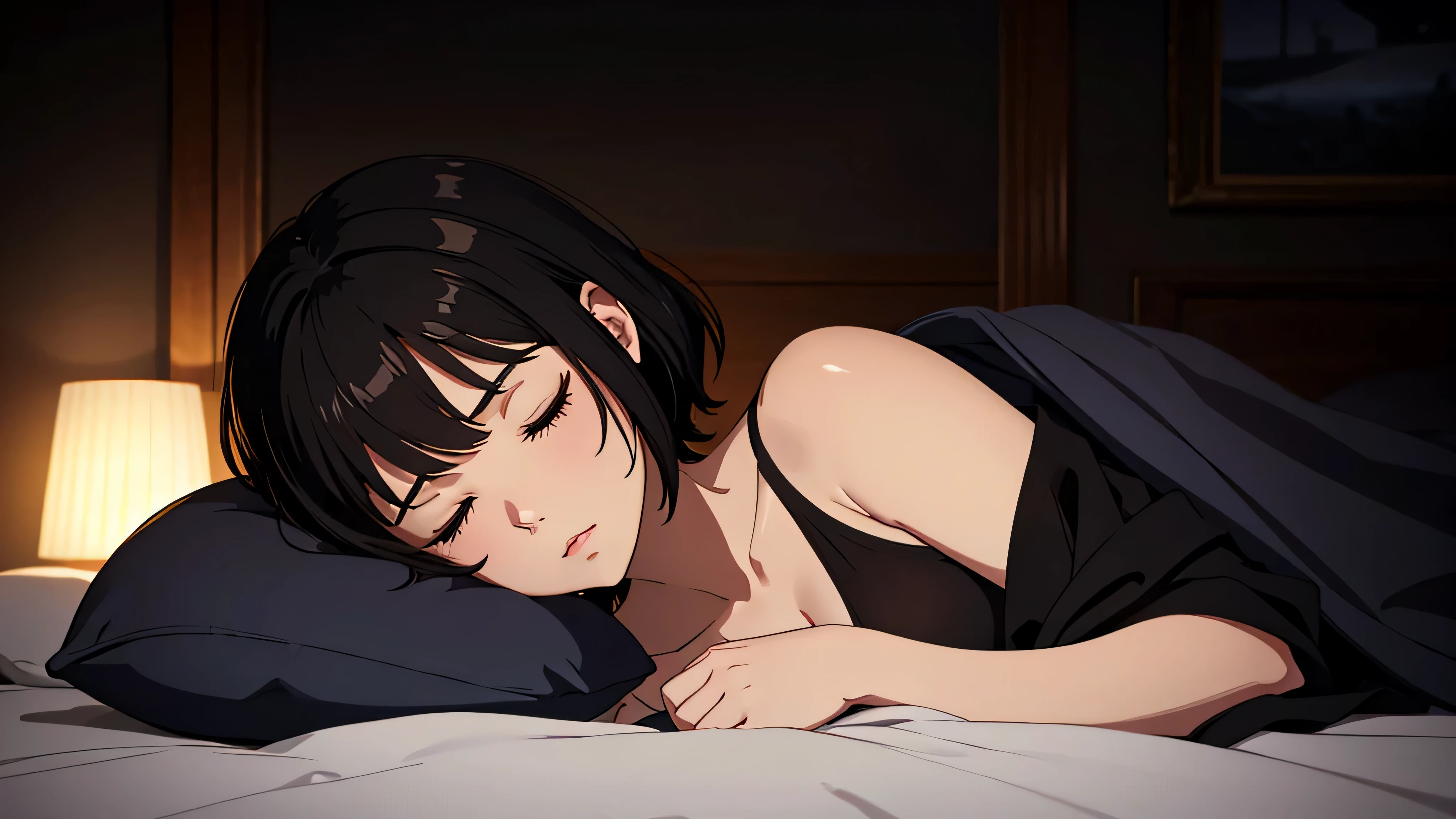 Generate an image of a woman with blackish-brown short bob hair, peacefully asleep on a bed in a completely dark room. No light is shining directly on the woman, emphasizing the nighttime atmosphere. She has a contented sleeping expression with a blanket covering her up to her shoulders. In front of her lies a transparent empty bottle. Capture a bust-up shot, focusing on her from the chest up.