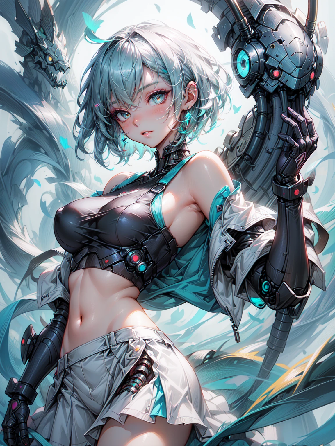 (masterpiece), (portrait), big breasts (aesthetics), ((1 woman 21 years old)), Highlight Earrings), ((short hair)), ((turquoise hair)), cowboy shot、straight hair, thin eyes open , brown eyes, cute, woman, woman, feminine, beautiful, woman Features, Excellent, high quality, beautiful服, Professional angle, (Rule of thirds), (feminine), (feminine), (feminine), (beautiful), (woman ) Features), alone, (attractive korean), summer, (Ink Mist), (afternoon), (bright light), seductive posture, ((face facing forward))), Simple long sleeve off shoulder hip hop blouse short pleated skirt ((energy)), (Bold Makeup), (big boobs), bright skin tone, (Clothing with hip-hop details), (crop top), ( halter neck), beautiful手 , beautiful body, beautiful ears, normal ears, beautiful eyes, bright eyes, beautiful mouth, beautiful lips,Organic Armor Cyborg、mechanical armor