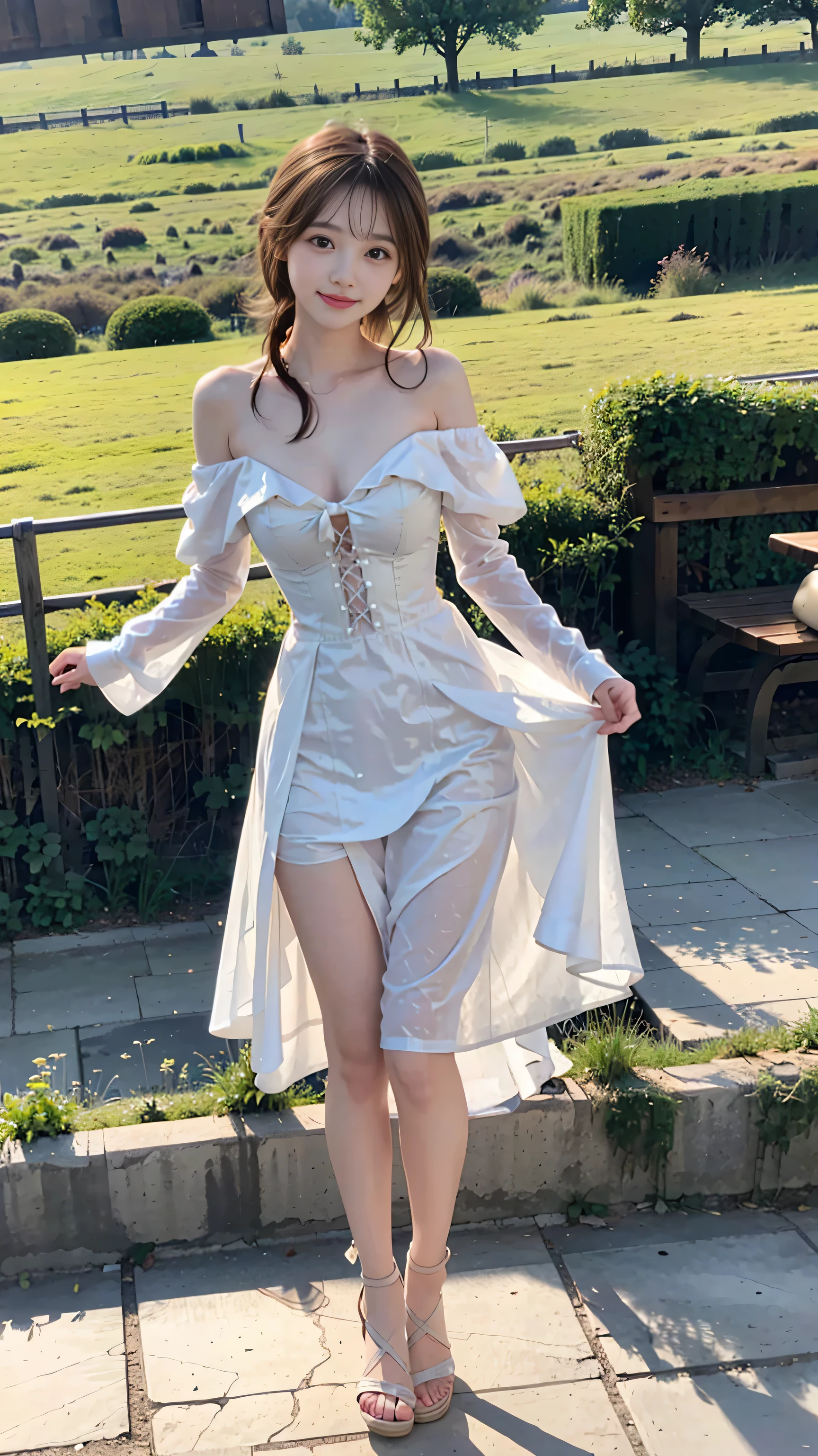 Medieval European castle town、spirit of geometry、with a girl:her hair is black and short、14 years、small face、Moist eyes、natural makeup、((look straight at the audience))、light smile、Her face is round and cute、(My face and dress are blown by the wind)、white sandal shoes、There is a ribbon on the ankle、(running in the meadow with a girl:1.3)、scene:There is a beautiful scene castle in the background.、blue sky, White cloud, Medieval European castle town、harry potter story world、The scene is softly painted like a watercolor painting.、that'What a wonderful atmosphere!。The scene expresses the imagination and sensibility of the girl、Pubic hair shows completely naked pubic hair) ,more_get used to it:1.5, (More and more_get used to it:1.9)、(((off-the-shoulder corset dress)))、Floral