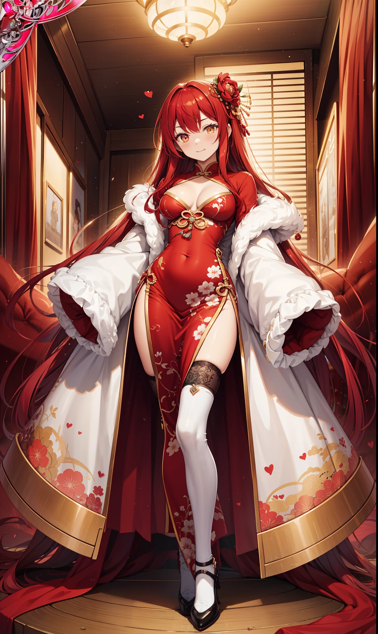 fantasy,valentine,bar,yellow long shan,pelvic_curtain,print_cheongsam,long_coat,haori,high_heels,thighhighs,