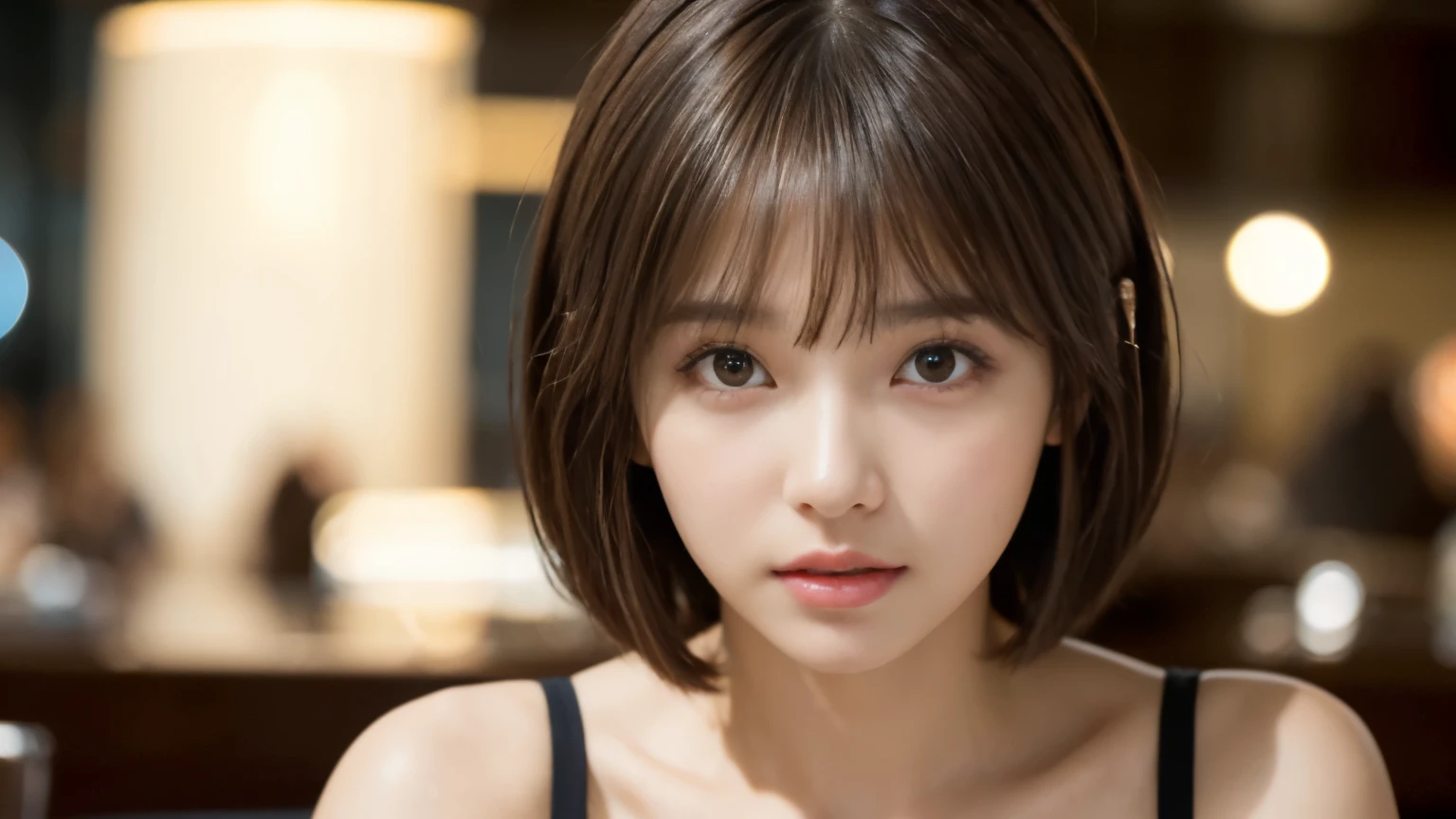 (masterpiece, Super detailed, very detailed, exquisite, 16k, confused), woman, 19 years old, glamorous, (Refreshing breeze:1.4), looking at the viewer, short hair, messy hair, diagonal bangs, brown hair, brown eyes, Upper body, cinematic lighting, Blurry background in focus, inside a stylish cafe, Urban Cafe 