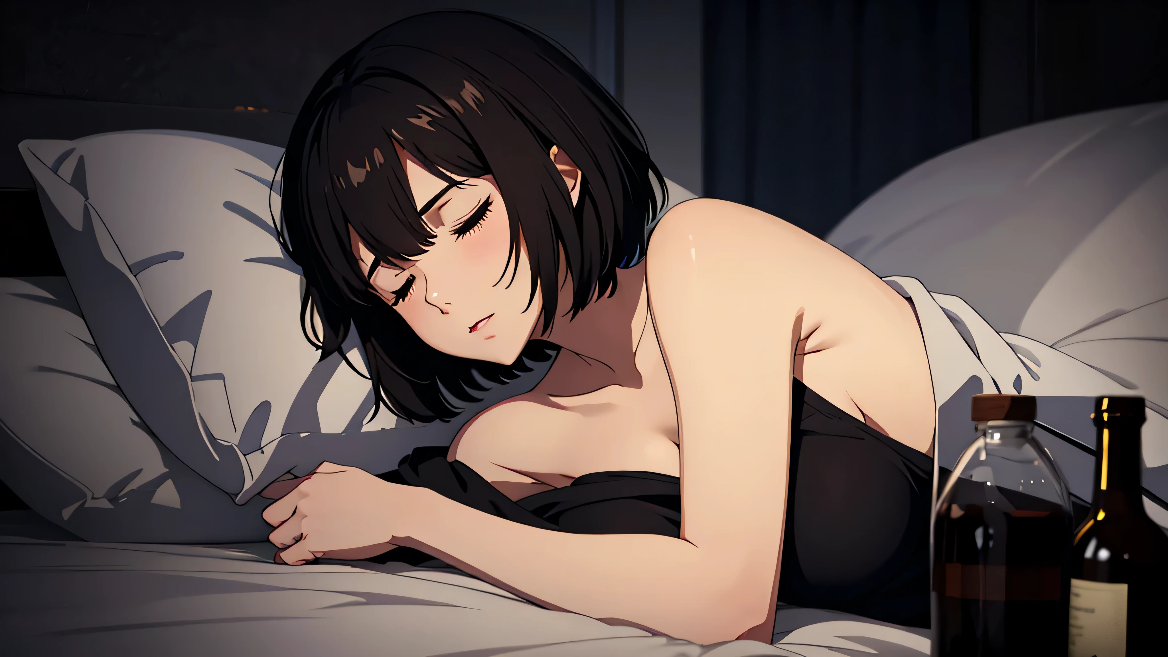 Generate an image of a woman with blackish-brown short bob hair, peacefully asleep on a bed in a completely dark room. No light is shining directly on the woman, emphasizing the nighttime atmosphere. She has a contented sleeping expression with a blanket covering her up to her shoulders. In front of her lies a transparent empty bottle. Capture a bust-up shot, focusing on her from the chest up.