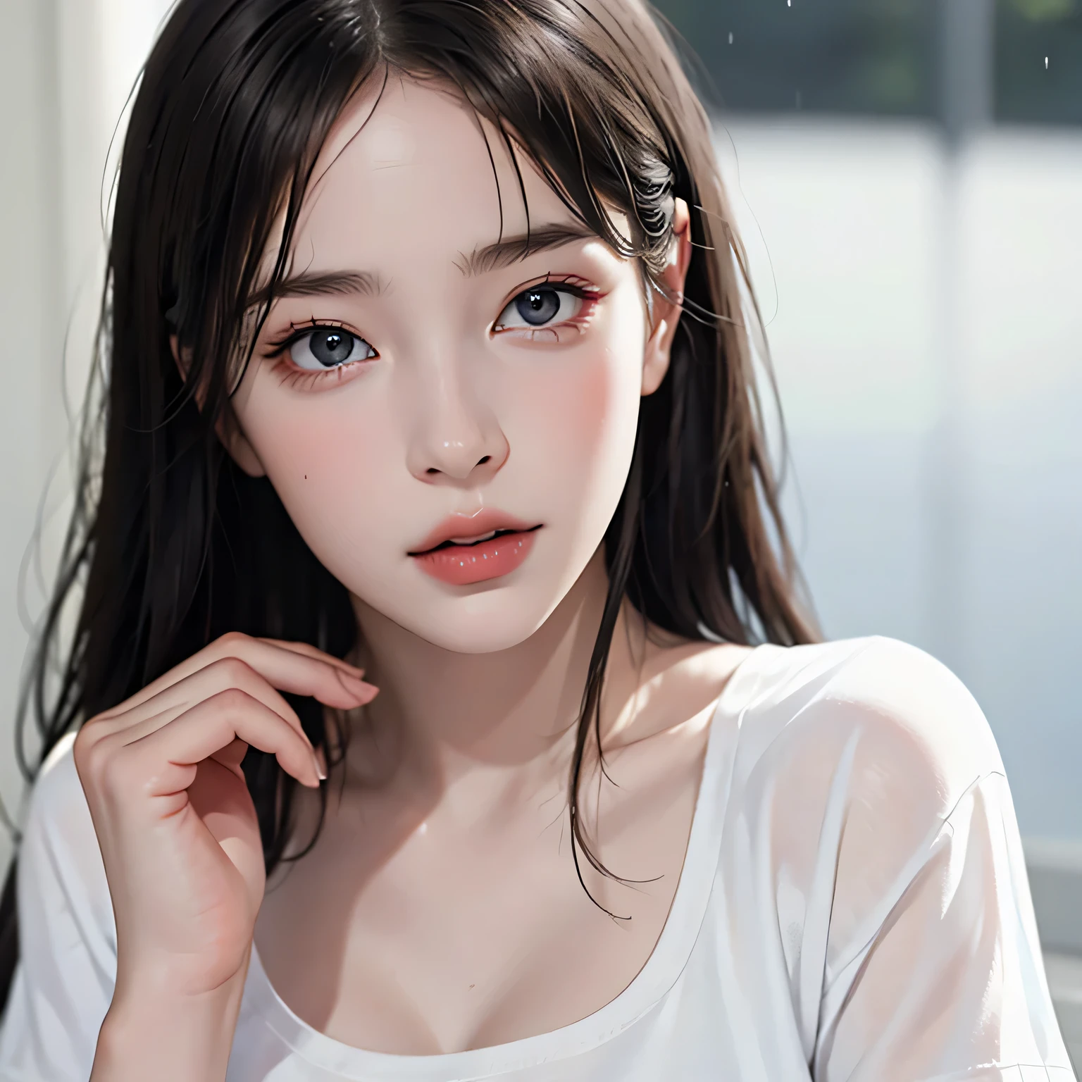 Beautiful girl with realistic black eyes, pale skin, medium length black hair, perfect face, perfect eyes, (Short black hot pants), (((Tight white t-shirt))), very detailed, comprehensive movie, digital painting, 8K, cinematic lighting, highest quality, High resolution, well done!, Post-processing, perfect result, surreal,(((revealing clothes))),big breasts,(rain), wet