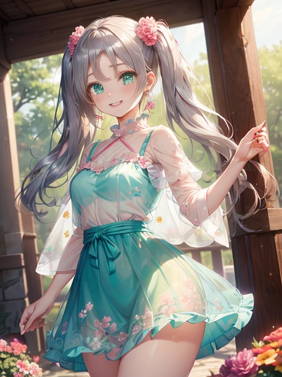 小さなgirl、thick thighs、The arrival of spring、big ass、 (alone:1.5,)Super detailed,bright colors, very beautiful detailed anime face and eyes, look straight, shiny_skin,girl, ((gradation hair、Hair that changes from silver to red））、forehead is exposed.、green eyes、、shiny hair, delicate beautiful face, blush、(turquoise eyes), White skin, Valletta, earrings,、flower garden、(((Floral pink ruffle dress、See-through、brown mini skirt)))、twin tails、smile、smile、Face dyed red