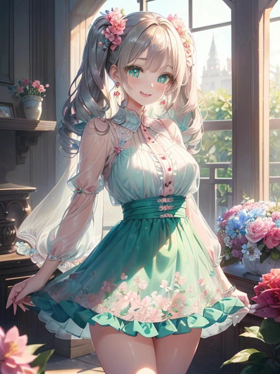 小さなgirl、thick thighs、The arrival of spring、big ass、 (alone:1.5,)Super detailed,bright colors, very beautiful detailed anime face and eyes, look straight, shiny_skin,girl, ((gradation hair、Hair that changes from silver to red））、forehead is exposed.、green eyes、、shiny hair, delicate beautiful face, blush、(turquoise eyes), White skin, Valletta, earrings,、flower garden、(((Floral pink ruffle dress、See-through、brown mini skirt)))、twin tails、smile、smile、Face dyed red