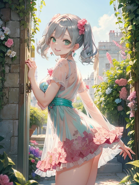 小さなgirl、thick thighs、The arrival of spring、big ass、 (alone:1.5,)Super detailed,bright colors, very beautiful detailed anime face and eyes, look straight, shiny_skin,girl, ((gradation hair、Hair that changes from silver to red））、forehead is exposed.、green eyes、、shiny hair, delicate beautiful face, blush、(turquoise eyes), White skin, Valletta, earrings,、flower garden、(((Floral pink ruffle dress、See-through、brown mini skirt)))、twin tails、smile、smile、Face dyed red