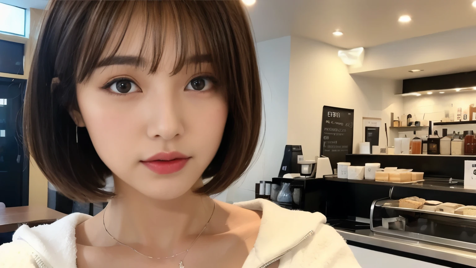 brown hair、short hair、With bangs、Beautiful woman、sexy body、white jacket(The inner layer is a black scoop neck T-shirt...)、inside a stylish cafe