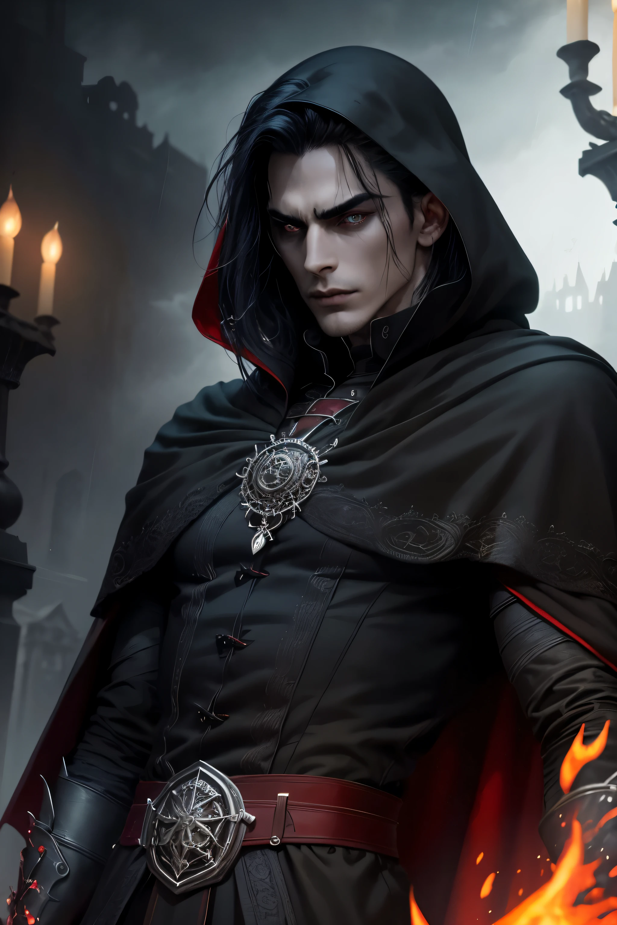 Dark man, evil lord, black hair, Black cloak, piercing glowing green eyes, menacing expression on his face, powerful aura, standing in a dimly lit room,, casting eerie shadows, , decorated with intricate details, with a sinister grin, Creates an aura of darkness, With a frightening presence, in a gothic castle, with impressive architecture, shrouded in fog, under the blood red moon, amidst the gathering storm, Creating an ominous atmosphere, Reminds me of the cover of a dark fantasy novel.., With spectacular lighting, emphasizing the contrast between light and shadow, evoking a sense of mystery and danger, with a touch of supernatural elements and captivating artistry.