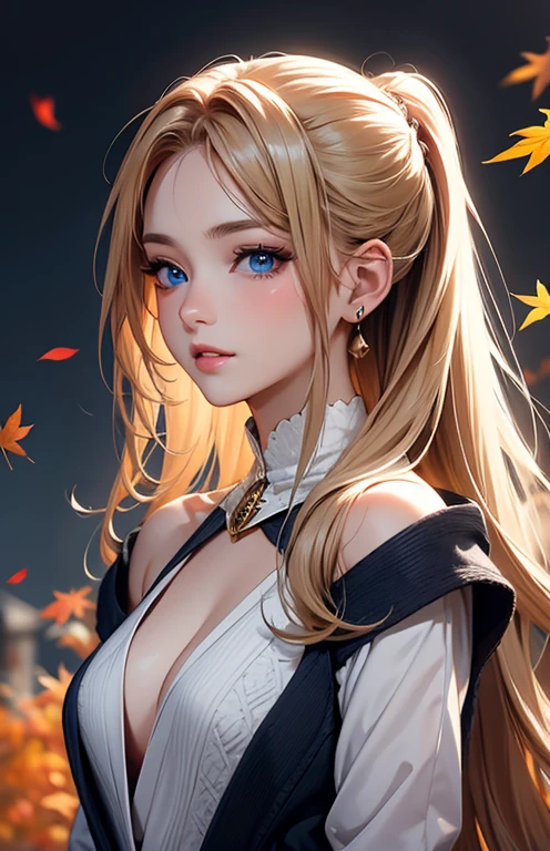 masterpiece、highest quality、High resolution、high quality images、8K, 1 female、skin luster、Texture of skin and clothing、Expression of fine eyes、Shiny bright golden hair,Girl with long braided hair, Manga inspired by Lee Jong-suk, trending on deviantart, realism, detailed manga style, manga art style, perfect line drawing, beautiful line drawing, digital manga art girl, K-POPアイドル, beautiful blue eyes, plump lips, Detailed gorgeous face, (cute smile), charm, innocent, Side view, (perfectly detailed face), (fine hands) photorealistic images, Depth of written boundary, ponytail hairstyle, Cat耳 , Cat , Loose, lightweight knitwear、Shoulder knitwear , show your shoulders , I can see the cleavage , autumn leaves , autumn leaves ,美しいautumn leaves,romanticism,