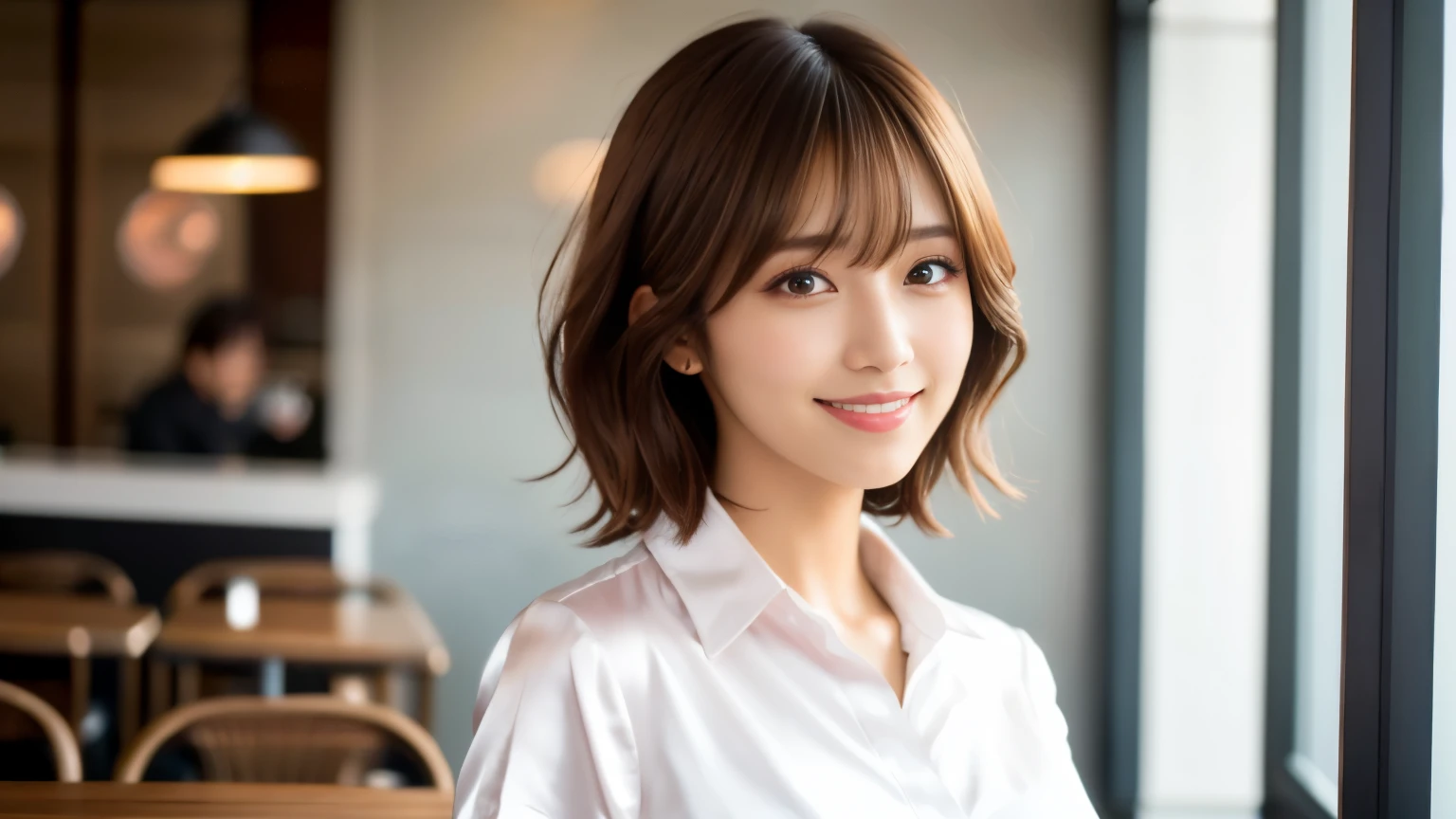 product quality, upper body shot, Front view, inside a stylish cafe, 1 girl, young beautiful japanese woman, short bob hair, hyper pretty face, glamorous, I wear a satin silk white shirt with short sleeves and long sleeves with a collar, Lots of smiles at the cafe, glossy lips, double eyelids of both eyes, natural makeup, long eyelashes, shiny smooth light brown hair, asymmetrical bangs, tanned skin, center image, High resolution, high detail, detailed hairstyle, detailed face, movie lighting, surreal, perfect body,