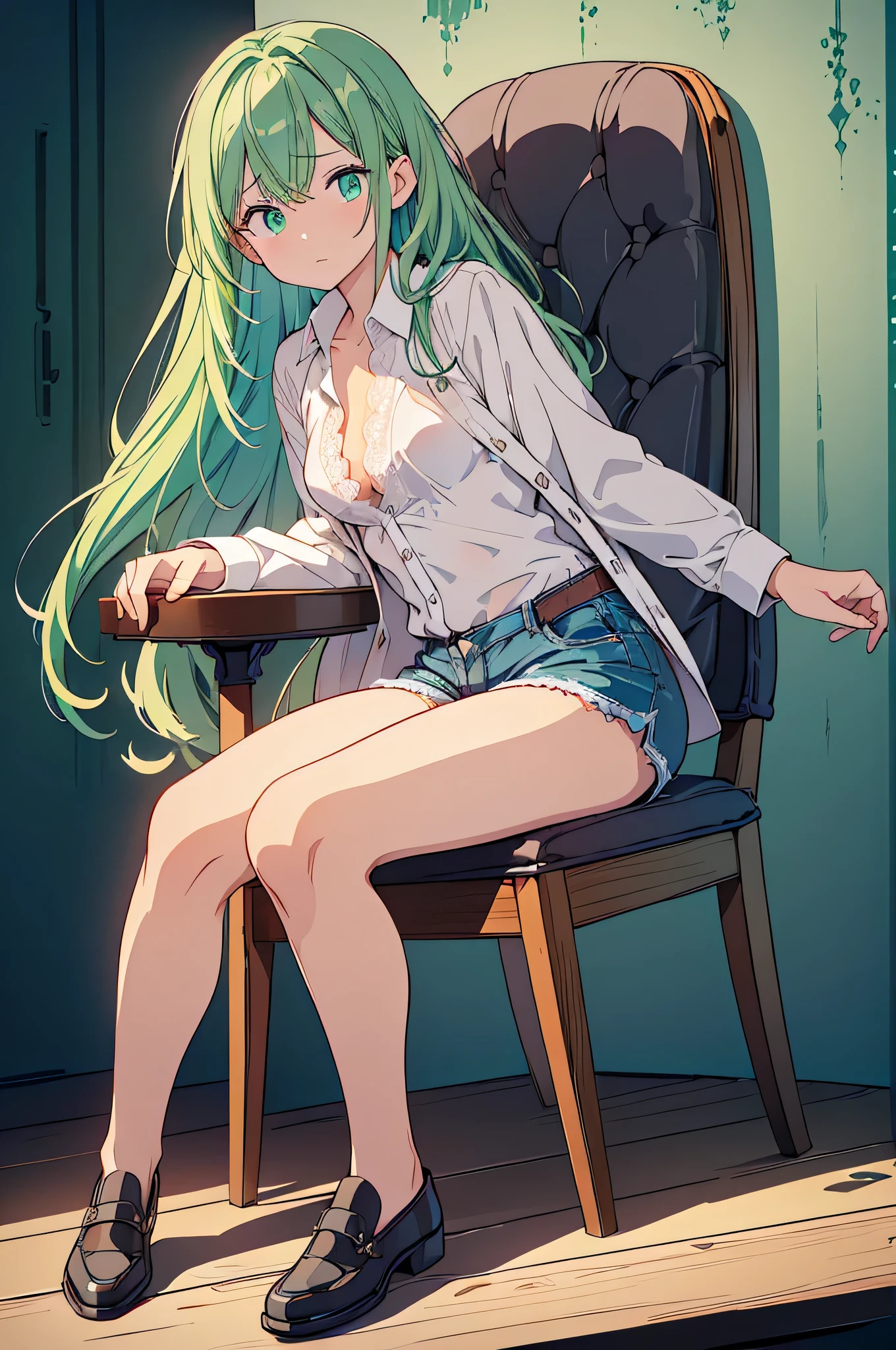 (small cafe background:1.5), (chair, sitting diagonally:1.5) (big ass, thick thighs:0.7), (warm light source:1.2), intricate details, volumetric lighting, Realism BREAK(masterpiece:1.2), (top quality), 4K, ultra detail, (Dynamic configuration:1.4), Very detailed and colorful details,(rainbow colors:1.2), (shining lights, atmospheric lighting), dreamy, magical, (alone:1.2), intricate details, cheeky expression, big breasts drooping, (green eyes:1.3), (a devastated expression, dead eyes, dark atmosphere:1.5), (Green long hair:1.5), (suit, suit, shoes, denim shorts, dress shirt with lace:1.5), (Belly Fat:0.6)