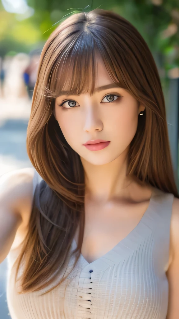 Best quality, 8k,  ,Masterpiece :1.3)), facing viewer,((full body1.2)) ,pretty woman, wide shot ,1girl, , selfie   , ,, Fountain   , brown hair  , bangs,ultra-detailed face, highly detailed lips, detailed eyes, double eyelid