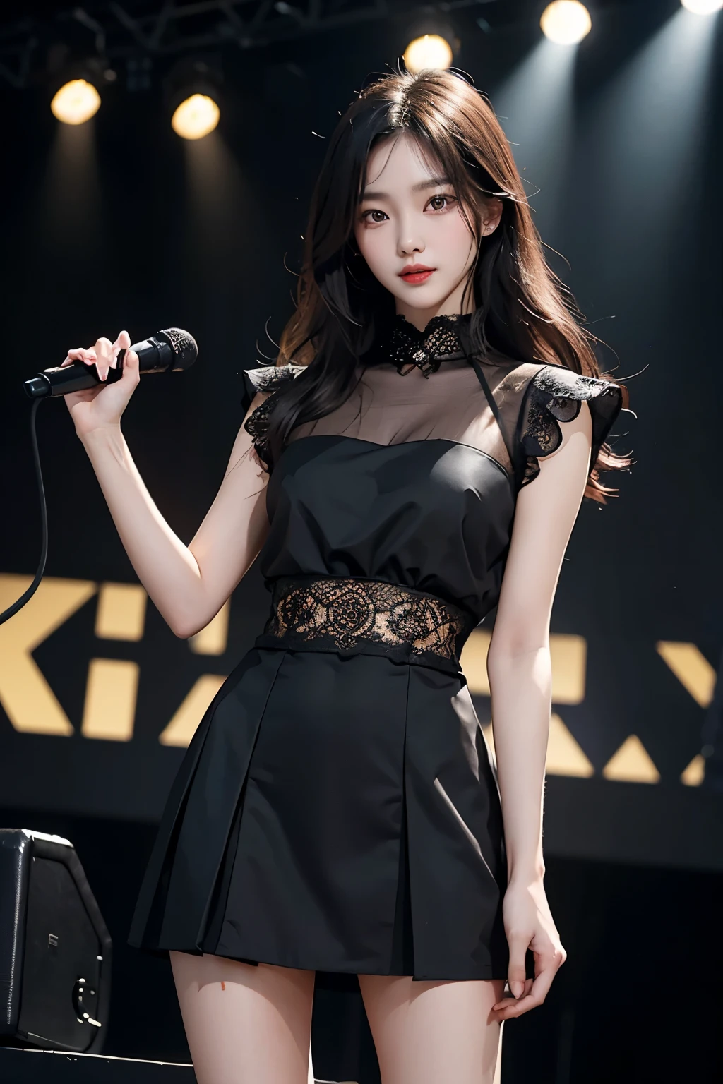 Korean beauty wearing black dress and holding microphone on stage. perform on stage, Korean beauty wearing short skirt and shirt, red lips,mature woman,assembly, Liuyifei, (best quality, masterpiece:1.2), very detailed, (realistic:1.37), beautiful, young, glamorous model (detailed eyes, detailed lips, extremely detailed eyes), cute and casual outfit, showing a bright smile, slim body, long legs, random pose, (clothes:random color), perfect hands,