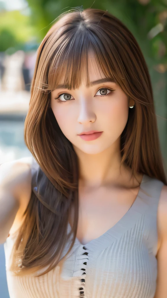Best quality, 8k, ,Masterpiece :1.3)), facing viewer,((full body1.2)) ,pretty woman, wide shot ,1girl, , selfie , ,, Fountain , brown hair , bangs,ultra-detailed face, highly detailed lips, detailed eyes, double eyelid