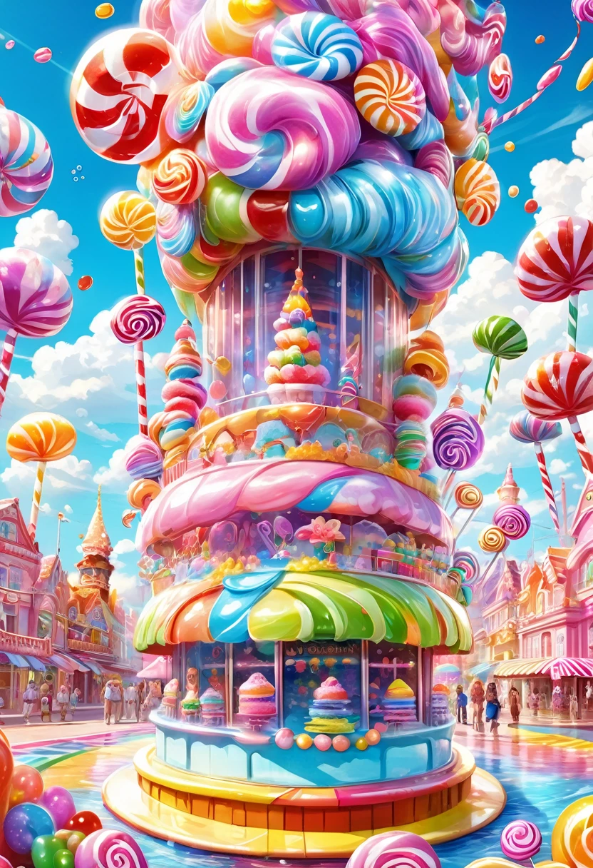 1girl, Candyland, aesthetic, (best quality, highres), ultra-detailed, (realistic:1.37), vibrant colors, candy-themed, dreamlike, enchanting, whimsical, sunlit, joyful, playful, sugary attire, magical, enticing aroma, candy castle, candy river, cotton candy clouds, lollipops, candy cane columns, sugar sculptures, gumdrop boats, candy fish, vibrant flowers, cheerful musicians