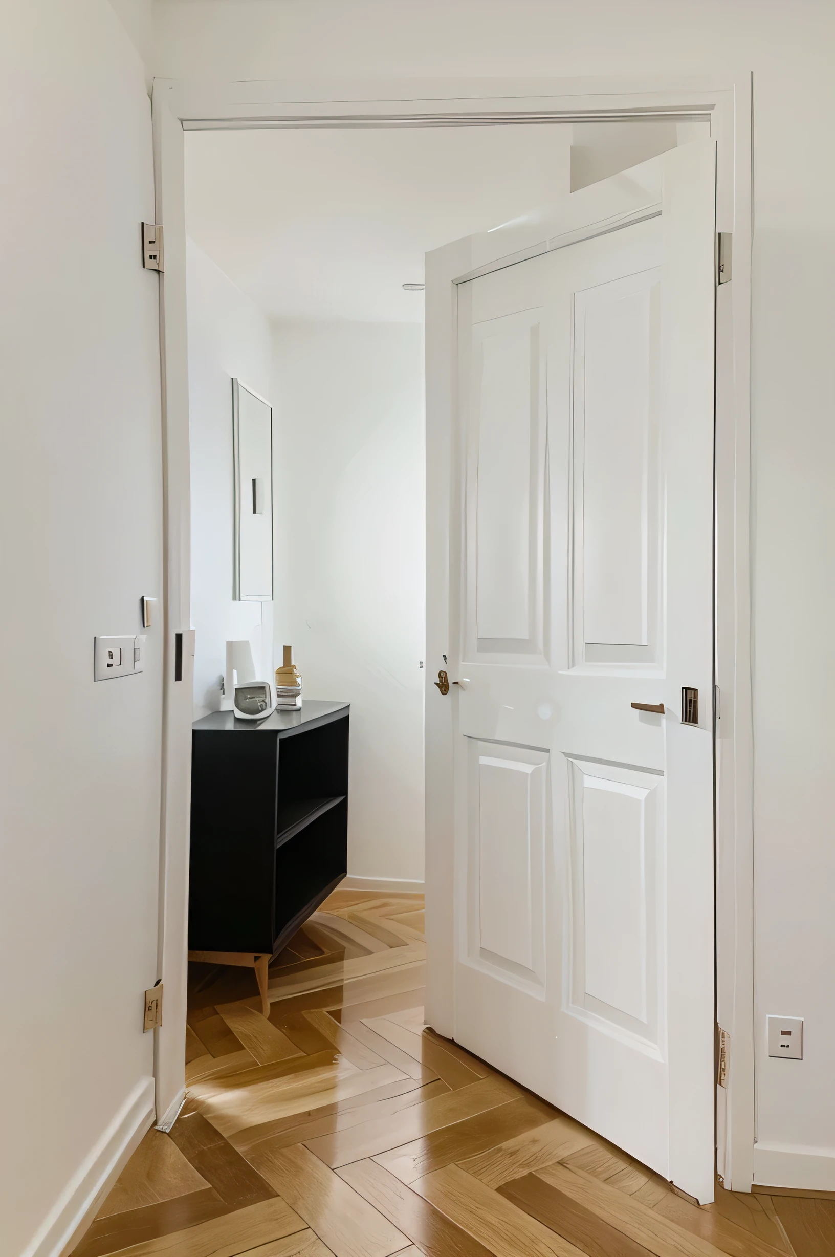 create the image of a white door, modern with space in the front, e um vaso de enfeite ao lado da porta