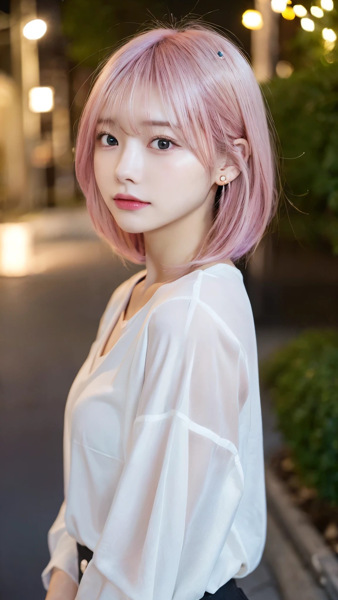 lightly dressed、、thin white shirt、(highest quality,masterpiece:1.3,超A high resolution,),(super detailed,caustics),(Photoreal:1.4,RAW shooting,)ultra-realistic capture,very detailed,High definition 16K for human skin、 Natural skin texture、、Skin looks even-toned and healthy、 Use natural light and color,one woman,Japanese,,cute,pink haired,middle hair,(Depth of the bounds written、chromatic aberration、、wide range of lighting、natural shading、)、(outdoor lights at night:1.4)、(hair swaying in the wind:1)、short hair、hair ornaments、Put on your ears、front