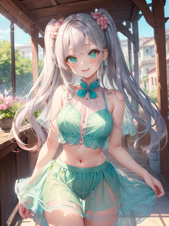 小さなgirl、thick thighs、The arrival of spring、big ass、 (alone:1.5,)Super detailed,bright colors, very beautiful detailed anime face and eyes, look straight, shiny_skin,girl, ((gradation hair、Hair that changes from silver to red))、forehead is exposed.、green eyes、、shiny hair, delicate beautiful face, blush、(turquoise eyes), White skin, Valletta, earrings,、flower garden、((pink、(花柄のpinkフリルドレス、See-through、brown mini skirt)))、twin tails、smile、smile、Face dyed red