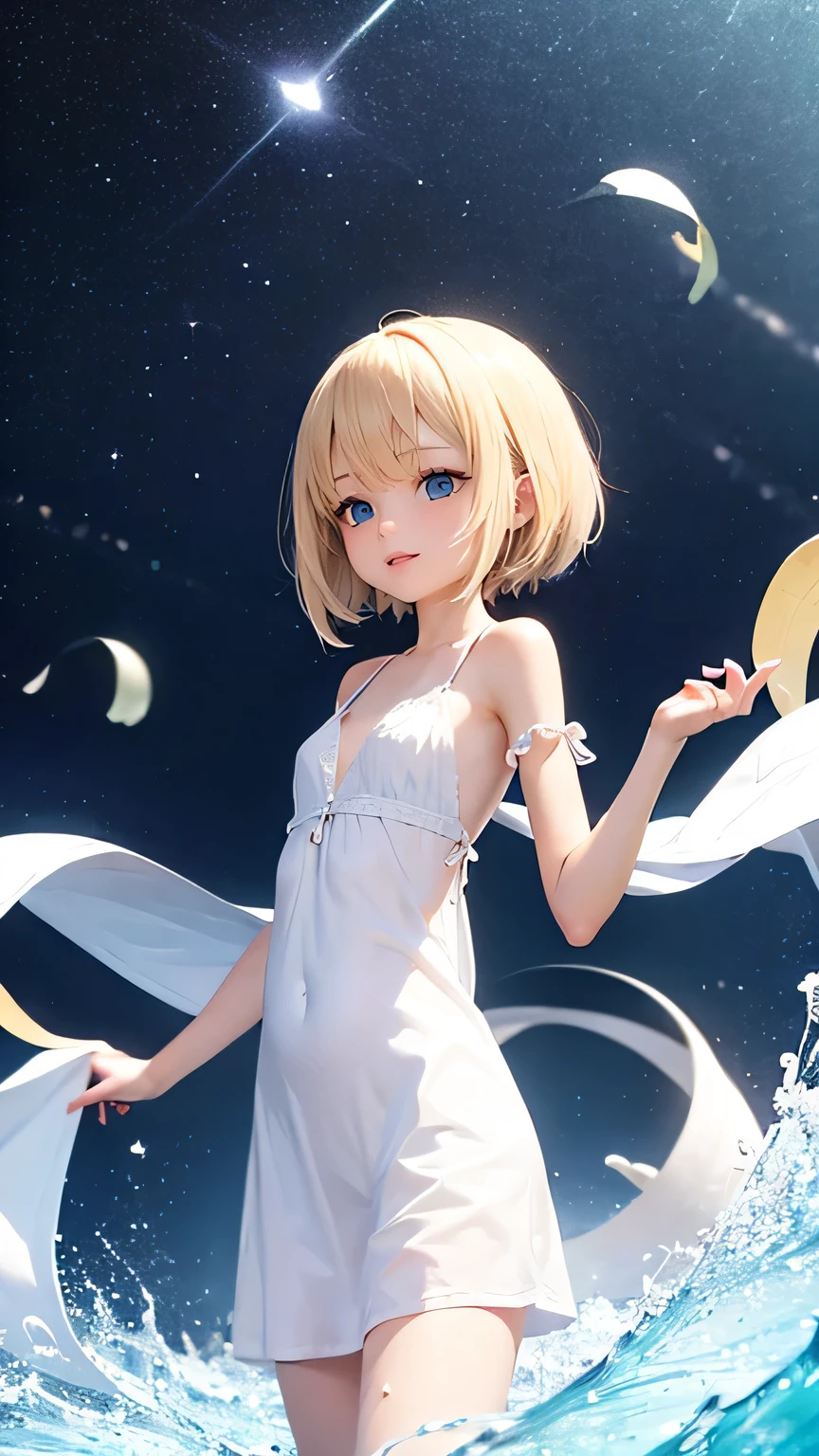 very cute girl、、light yellow hair、straight hair、Bangs between the eyes、Light Blue Eye、thin arms、Beautiful body、slim legs、big eyes、clear white skin、smile、、long dress、White and blue、Super high quality、digital single lens reflex、