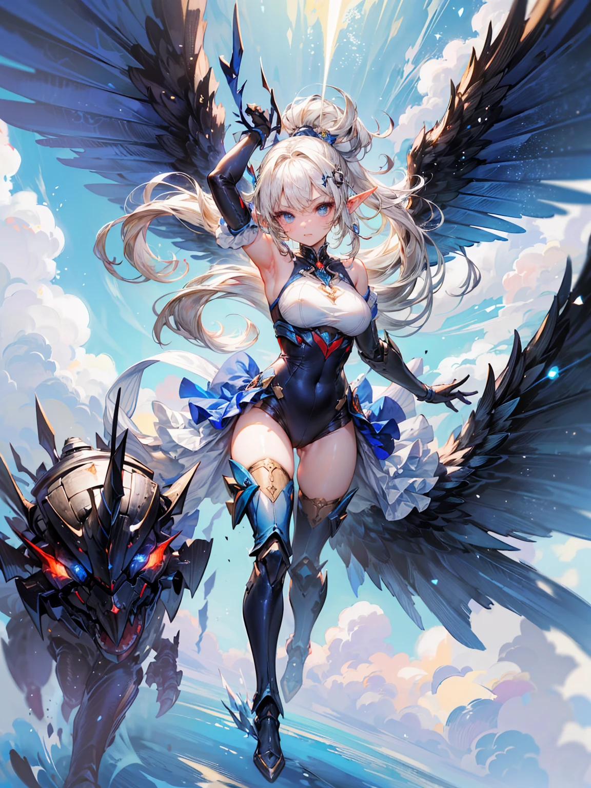 (masterpiece、 highest quality, wonderful, very detailedティッカーユニティ、8k wallpaper, Depth of written boundary, Ultra-fine illustration:1.5)、。.。.。.。.3D, very detailed, (Full body Esbian、Mecha elf girl:1.3), sci-fi battlefield, Hawken, shy smile, open your mouth、short ponytail hair, (white blonde hair, deep blue eyes:1.2), sparkling eyes, Embarrassingly cute face, cute, big breasts, delicate hair, messy hair, (((flying high in the sky))、blue and wide sky, White cloud), shiny hair, shiny skin, (Symmetrical mechanical winetallic colored mechanical wings that are widely expanded to the left and right so that they protrude wonderfully from the screen, bite, white hair ornament), (particles of light, cinematic lighting: 1.3), (pale pink lips: 0.8), by Yusuke Murata.