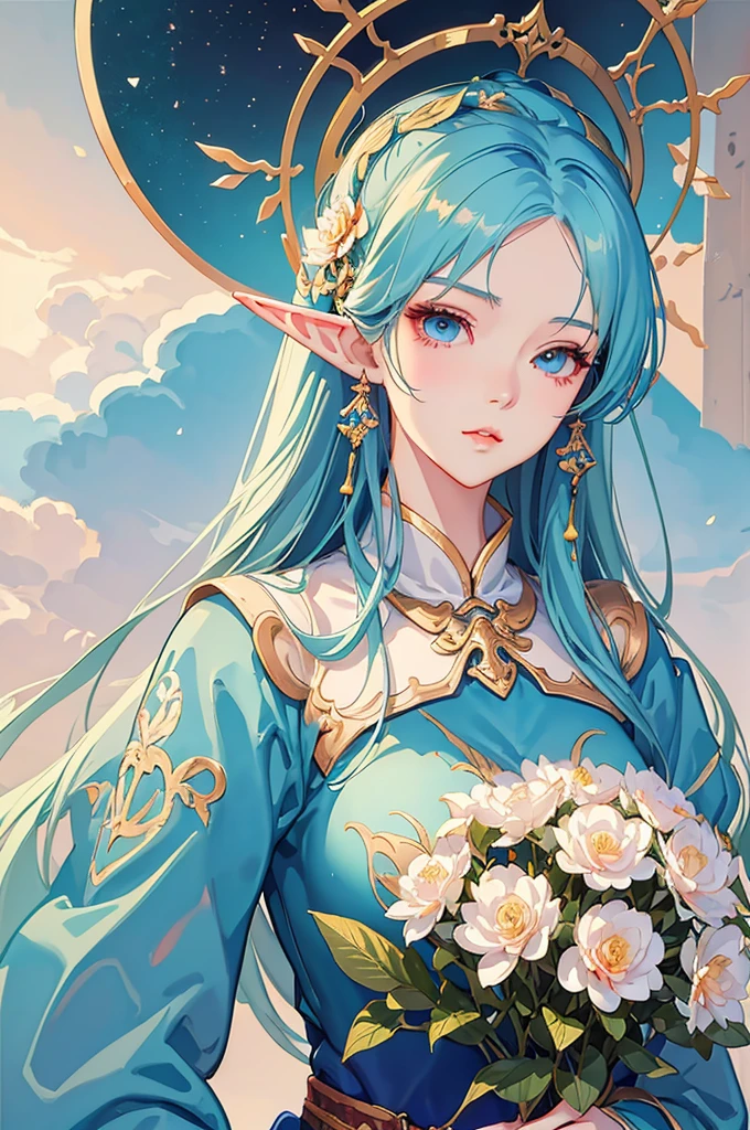 anime girl with white hair and blue dress holding a bouquet, beautiful celestial mage, beautiful character painting, extremely detailed artgerm, beautiful and elegant elf queen, wlop rossdraws, 8k high quality detailed art, fantasy art style, anime fantasy illustration, by Yang J, detailed fantasy art, fanart best artstation, wlop and rossdraws