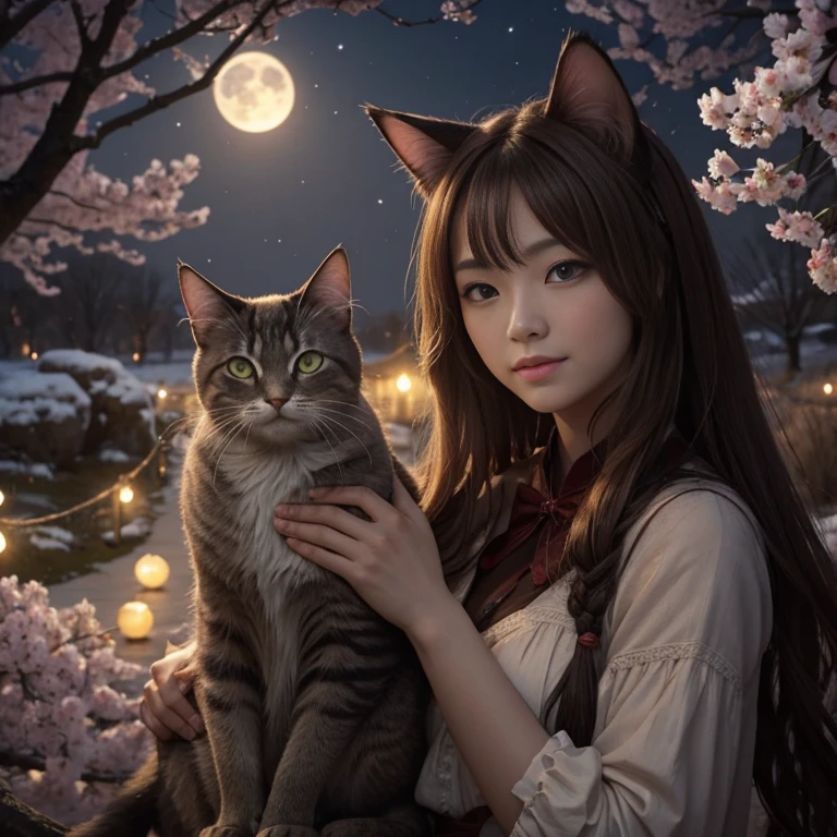 In the midst of a tranquil cherry tree garden, under the soft glow of the moonlit night, stands a very mysterious and auspicious being. This enigmatic figure is depicted as a beckoning cat with glowing jade eyes and a radiant aura. Known as "Money Cat" or the "Messenger of God," this cherished creature is believed to bring prosperity and wealth to people. The cat's long, reddish-brown fur is messy and slightly disheveled, adding to its allure and alluring charm. The delicate, pale skin on its face and round, inviting rosy nose exude a captivating and welcoming presence.