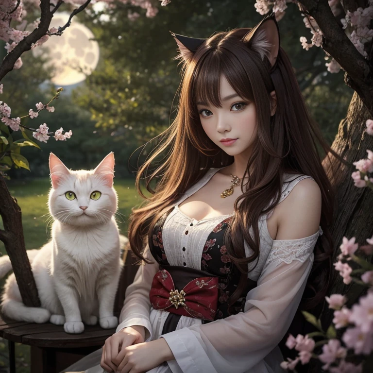 In the midst of a tranquil cherry tree garden, under the soft glow of the moonlit night, stands a very mysterious and auspicious being. This enigmatic figure is depicted as a beckoning cat with glowing jade eyes and a radiant aura. Known as "Money Cat" or the "Messenger of God," this cherished creature is believed to bring prosperity and wealth to people. The cat's long, reddish-brown fur is messy and slightly disheveled, adding to its allure and alluring charm. The delicate, pale skin on its face and round, inviting rosy nose exude a captivating and welcoming presence.