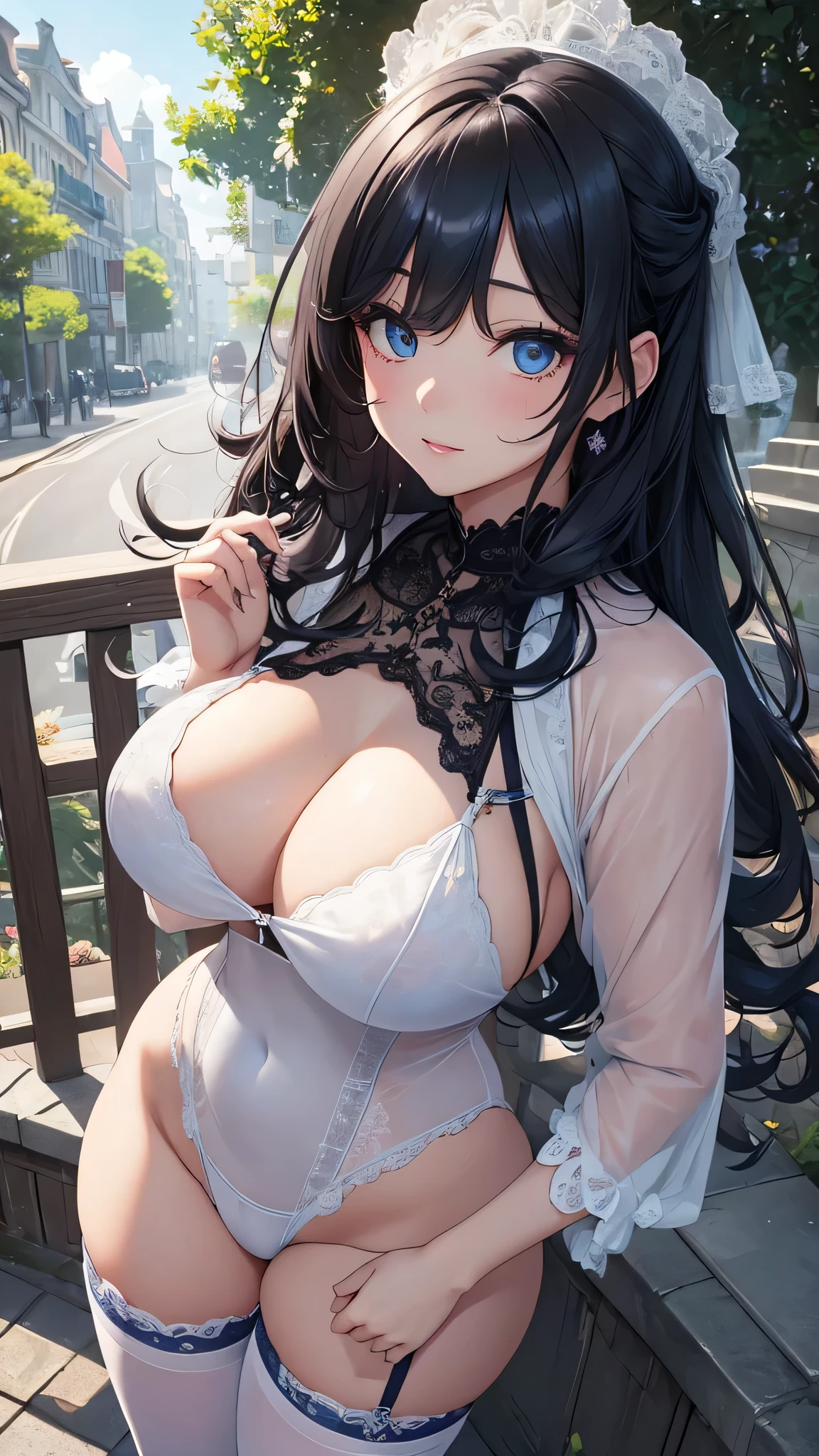 (masterpiece:1.2), (highest quality:1.2),, Curvy but slender body, adult woman、perfect eyes, perfect face,The exact number of fingers、Exact number of legs、Exact number of arms、bangs, perfect lighting, 1 girl,,(Dark blue garter belt)、Nipple exposure、,breast milk、long nipples、expose one's chest、beautiful big breasts(erect nipples:1)、sexy look、restraints(ironwork)high socks,curly hair、detailed outdoor background, compensate, eye shadow, thick eyelashes, fantasy, looking at the viewer, whole body、blue sky、bright and beautiful face、young and white shiny skin,、the best beauty、The most beautiful black hair in the world、thin hair、medium hair、Shining beautiful Bangs、big blue eyes、the most beautiful girl in the world、Very detailed CG, (perfect hands, perfect anatomy),embarrassed look、sexy look、mouth half open、whole body、sexually excited look、16K