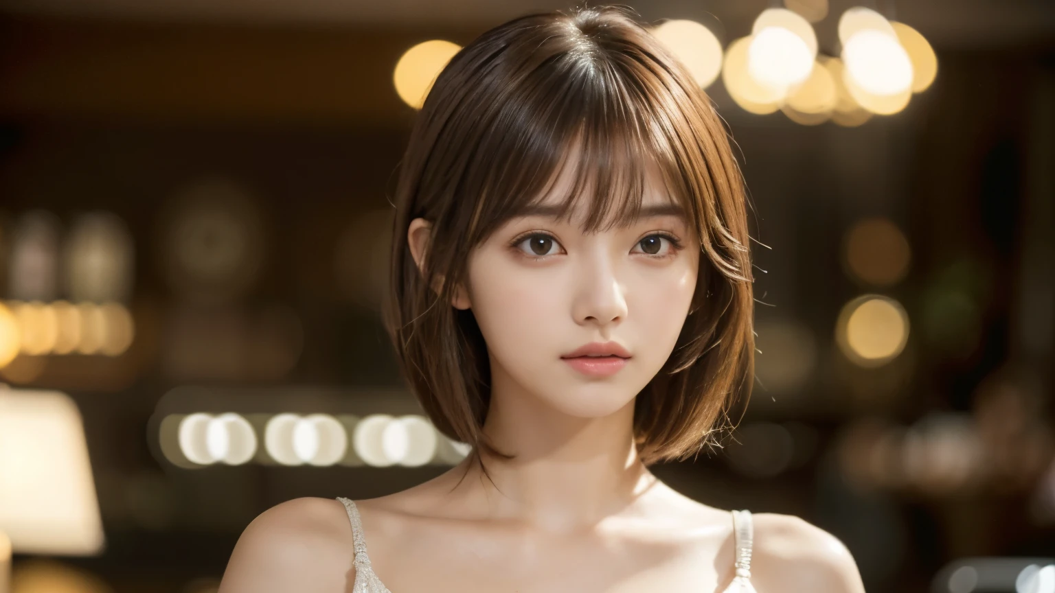 (masterpiece, Super detailed, very detailed, exquisite, 16k, confused), woman, 19 years old, glamorous, (Refreshing breeze:1.4), looking at the viewer, short hair, messy hair, diagonal bangs, brown hair, brown eyes, Upper body, cinematic lighting, Blurry background in focus, inside a stylish cafe, Urban Cafe 