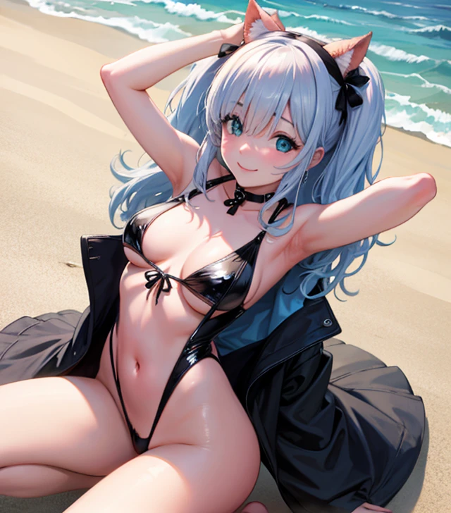 girl、solo、、swimsuit one piece、seductive pose、smile、beach、Playing with the waves on the beach、