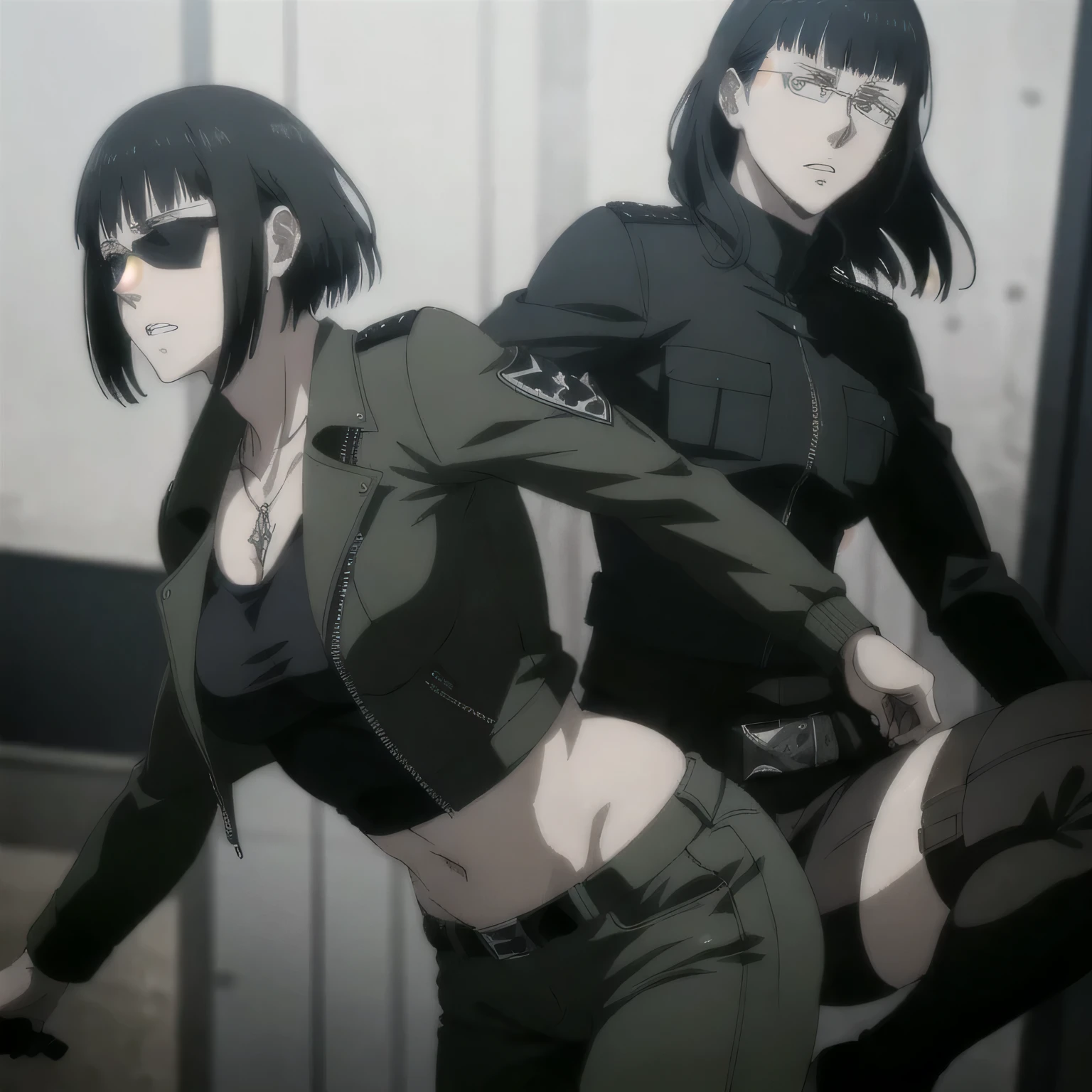 (best quality,ultra-detailed,realistic:1.37),musclaur military badass girl Sunglasses wearing midriff with Leather jacket with zipper closed and combat trousers with long shoes, full review of the female character's face and body, intense expression, strong and confident posture, studio lighting, vivid colors, physiologically-based rendering, grungy texture, rugged background, dust particles in the air, commanding presence, professional, powerful, gritty aesthetics,,Valmet،short hair,necklace,angle ,