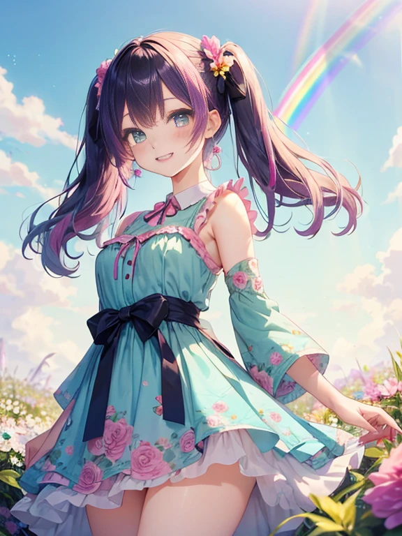 小さなgirl、The arrival of spring、big ass、 (alone:1.5,)Super detailed,bright colors, very beautiful detailed anime face and eyes, look straight, ;d, shiny_skin,girl,(((rainbow colored hair, colorful hair, Half black、half pink hair: 1.2)))  、forehead is exposed.、green eyes、、shiny hair, delicate beautiful face, blush、(turquoise eyes), White skin, Valletta, earrings,、blue flower field、(((Pink ruffled dress with floral print、purple mini skirt)))、twin tails、smile、smile、Face dyed red