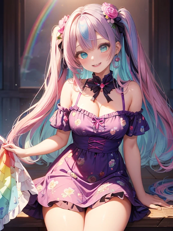 小さなgirl、The arrival of spring、big ass、 (alone:1.5,)Super detailed,bright colors, very beautiful detailed anime face and eyes, look straight, ;d, shiny_skin,girl,(((rainbow colored hair, colorful hair, Half black、half pink hair: 1.2)))  、forehead is exposed.、green eyes、、shiny hair, delicate beautiful face, blush、(turquoise eyes), White skin, Valletta, earrings,、blue flower field、(((Pink ruffled dress with floral print、purple mini skirt)))、twin tails、smile、smile、Face dyed red