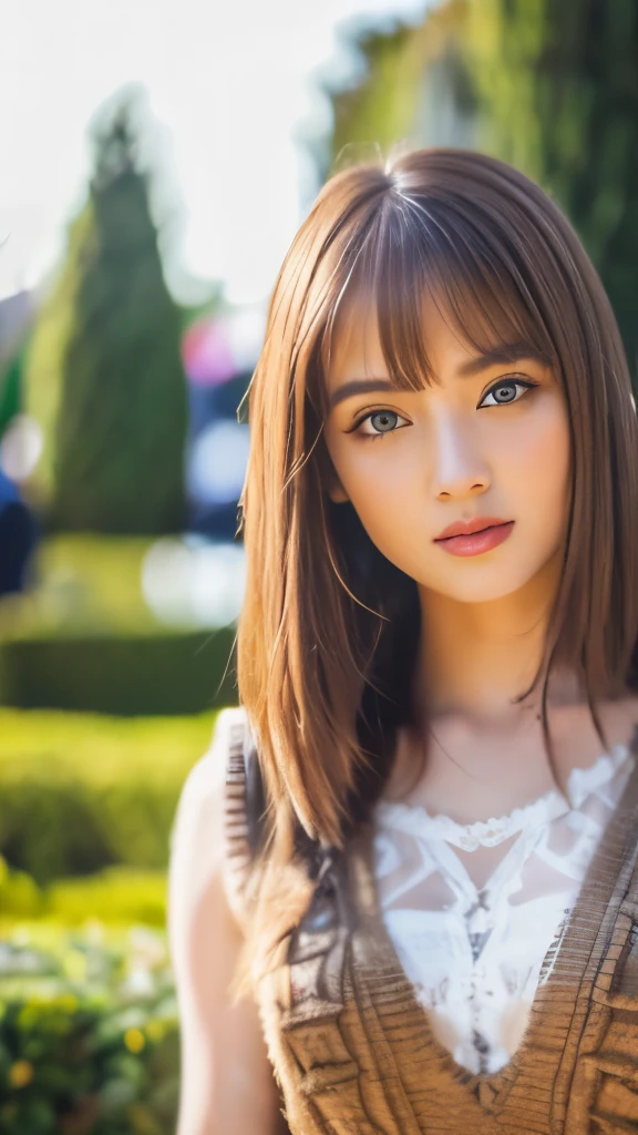 Best quality, 8k,  ,Masterpiece :1.3)), facing viewer,((full body1.2)) ,pretty woman, wide shot ,1girl, , selfie   , ,, Fountain   , brown hair  , bangs,ultra-detailed face, highly detailed lips, detailed eyes, double eyelid