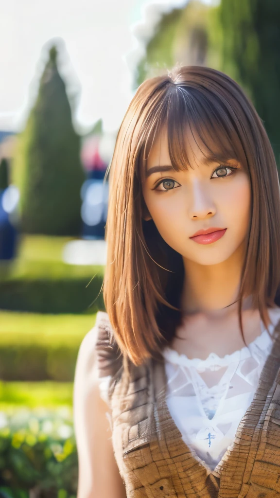Best quality, 8k, ,Masterpiece :1.3)), facing viewer,((full body1.2)) ,pretty woman, wide shot ,1girl, , selfie , ,, Fountain , brown hair , bangs,ultra-detailed face, highly detailed lips, detailed eyes, double eyelid