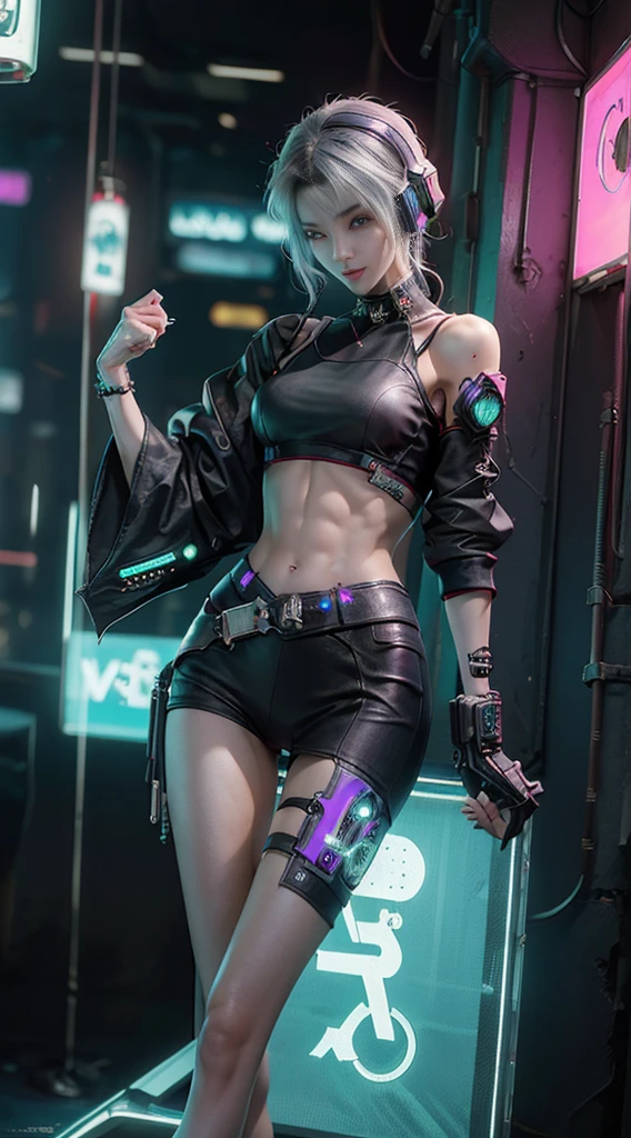 ((highest quality)), ((masterpiece)), (be familiar with:1.4), 3D, (((Beautiful cyberpunk woman image、 Photo texture:1.5))), ((highest quality, 8K, masterpiece :1.3)), real beauty, smile, medium breasts、Slim Full Body, slim face, Beautiful woman,HDR 、cyberpunk background、(high dynamic range),ray tracing,NVIDIA RTX,super resolution,real 5,Scattered beneath the surface,PBR texturing,Post-processing,anisotropic filtering,Depth of the bounds written,Maximum clarity and sharpness,multilayer texture,Albedo and specular maps,surface shading,Accurate simulation of light-matter interactions,perfect proportions,octane rendering,two-tone lighting,wide aperture,Low ISO,White balance,Rule of thirds,8K RAW,（((Sexy thighs are visible、No sleeve、High leg、beautiful abs))）