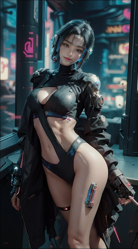 ((highest quality)), ((masterpiece)), (be familiar with:1.4), 3D, (((Beautiful cyberpunk woman image、 Photo texture:1.5))), ((highest quality, 8K, masterpiece :1.3)), real beauty, smile, medium breasts、Slim Full Body, slim face, Beautiful woman,HDR 、cyberpunk background、(high dynamic range),ray tracing,NVIDIA RTX,super resolution,real 5,Scattered beneath the surface,PBR texturing,Post-processing,anisotropic filtering,Depth of the bounds written,Maximum clarity and sharpness,multilayer texture,Albedo and specular maps,surface shading,Accurate simulation of light-matter interactions,perfect proportions,octane rendering,two-tone lighting,wide aperture,Low ISO,White balance,Rule of thirds,8K RAW,（((Sexy thighs are visible、No sleeve、High leg、beautiful abs))）