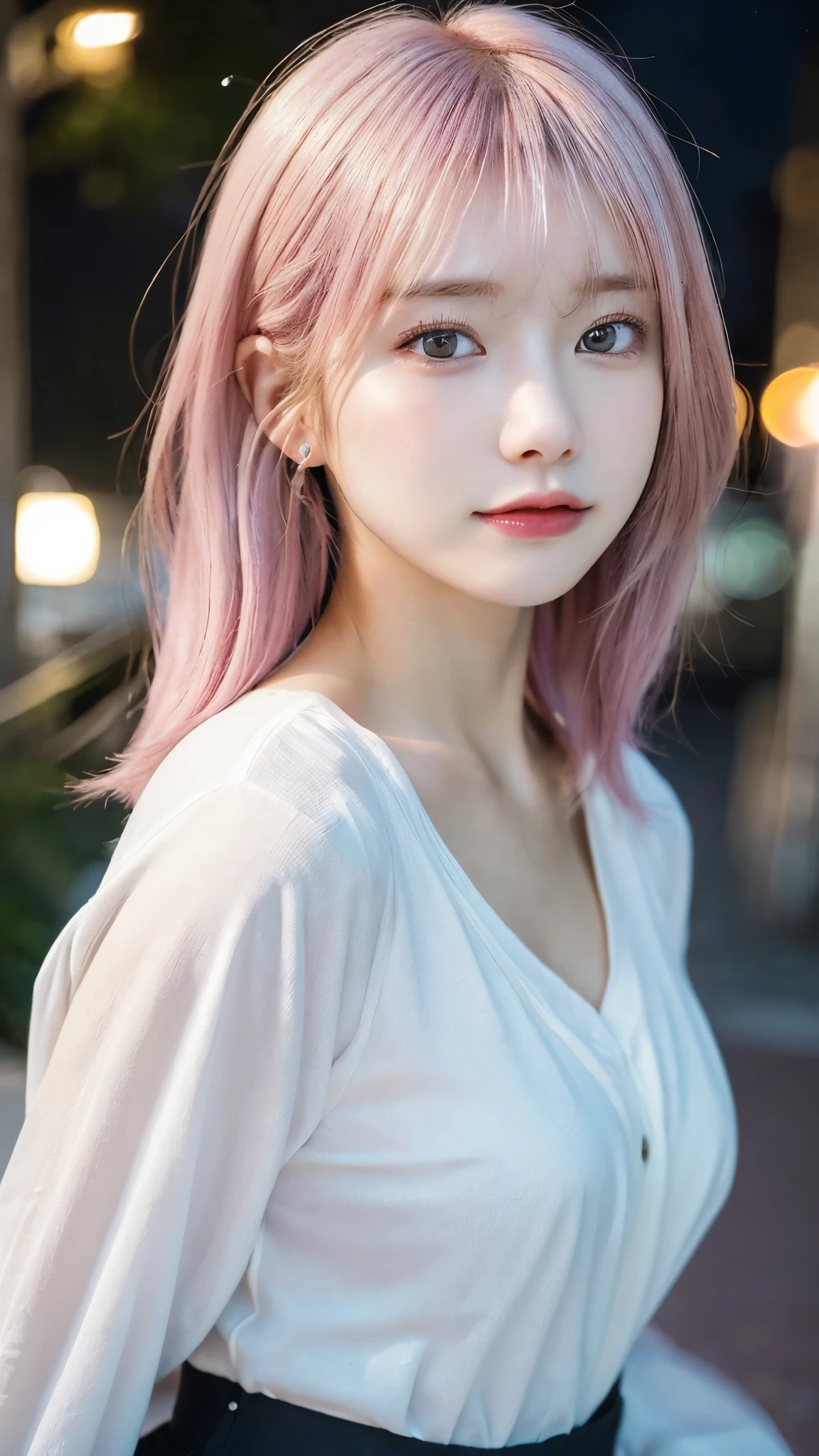 lightly dressed、exposed、thin white shirt、(highest quality,masterpiece:1.3,超A high resolution,),(super detailed,caustics),(Photoreal:1.4,RAW shooting,)ultra-realistic capture,very detailed,High definition 16K for human skin、 Natural skin texture、、Skin looks even-toned and healthy、 Use natural light and color,one woman,Japanese,,cute,pink haired,middle hair,(Depth of the bounds written、chromatic aberration、、wide range of lighting、natural shading、)、(outdoor lights at night:1.4)、(hair swaying in the wind:1)、short hair、hair ornaments、Put on your ears