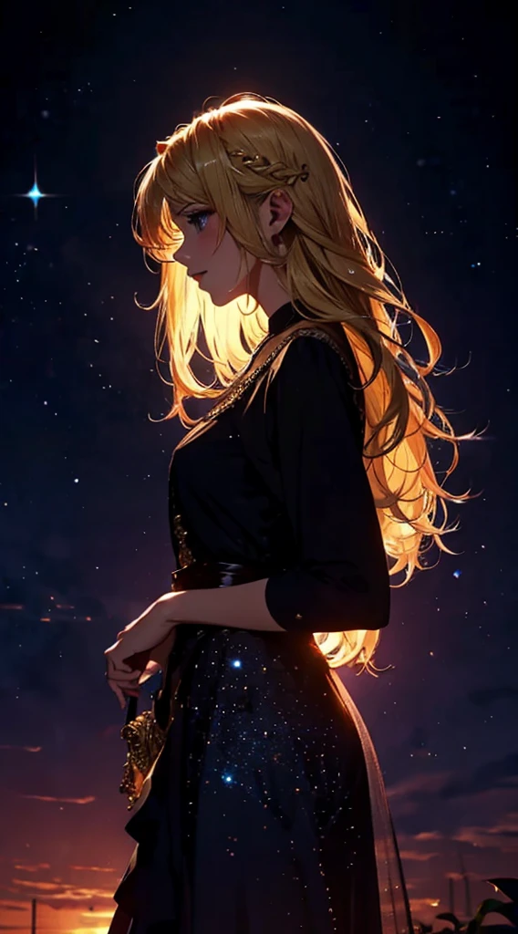 starry sky,dance,woman1people々,silhouette,blonde, dress,blonde long hair,