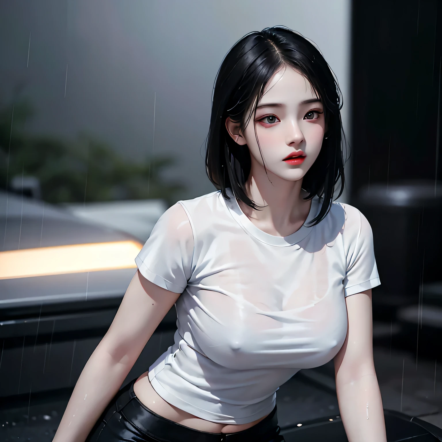 Beautiful girl with realistic black eyes, pale skin, medium length black hair, perfect face, perfect eyes, (Short black hot pants), (((Tight white t-shirt))), very detailed, comprehensive movie, digital painting, 8K, cinematic lighting, highest quality, High resolution, well done!, Post-processing, perfect result, surreal，(((revealing clothes)))，big breasts,(rain), wet