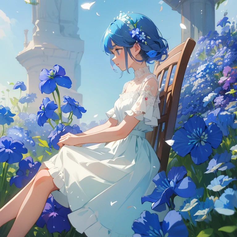 (highest quality, masterpiece, surreal), Beautiful and delicate profile of a girl sitting on a chair, Playful and cute, Petals are floating in the background,Delphinium flower