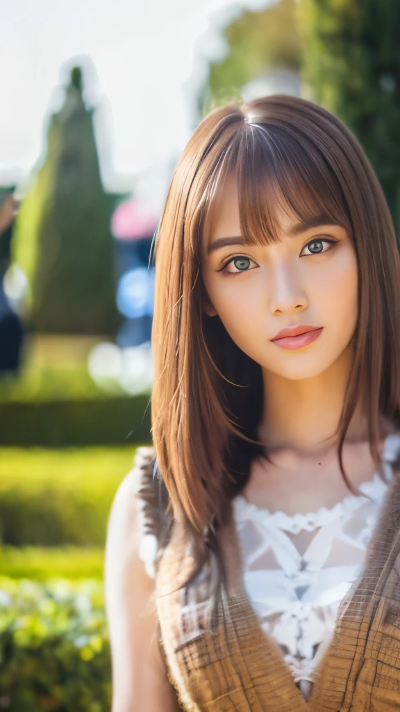 Best quality, 8k, ,Masterpiece :1.3)), facing viewer,((full body1.2)) ,pretty woman, wide shot ,1girl, , selfie , ,, Fountain , brown hair , bangs,ultra-detailed face, highly detailed lips, detailed eyes, double eyelid