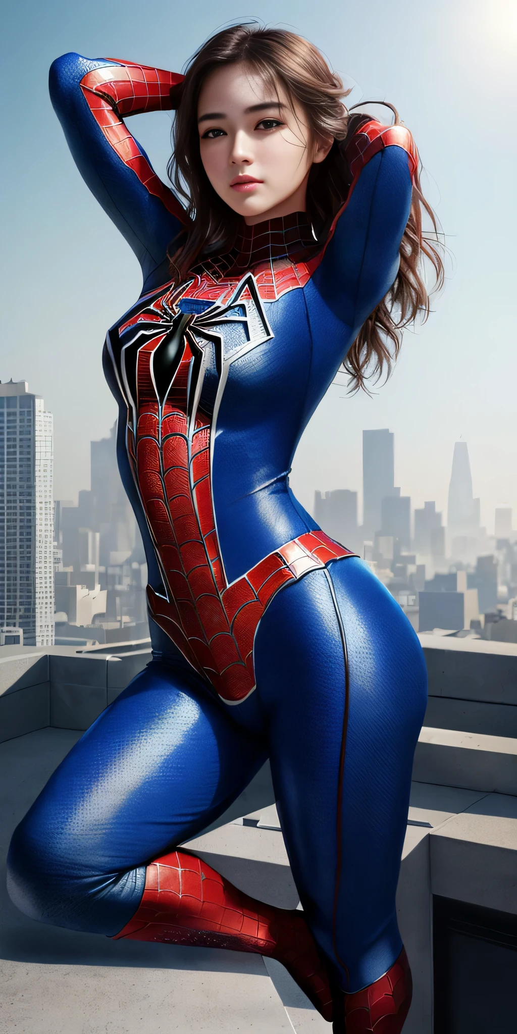 (1 girl:1.3), alone, (((Very detailed face)))), ((very detailed eyes and face)))), Beautiful eyes in every detail, body parts__, official art, Integrated 8K wallpaper, Super detailed, beautiful and beautiful, beautiful, masterpiece, 最high quality, original, masterpiece, Super detailed photos, 最high quality, ultra high resolution, realistic realism, sunlight, full body portrait, amazing beauty, dynamic pose, delicate face, lively eyes, (from the front), she&#39;s wearing a spiderman suit, red and black color scheme, Spider, Highly detailed city roof background, rooftop, overlook the city, detailed face, Detailed complex and busy background, Messy, nice, milky, highly detailed skin, realistic skin details, visible pores, clear focus, volumetric fog, 8k uh, Digital single-lens reflex camera, high quality, film grain, Fair skin, photorealism, lomography, Futuristic dystopian megalopolis, translucent